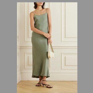 NWOT Anine Bing Chloe Silk-Satin Slip Dress in Grey Green, Size L